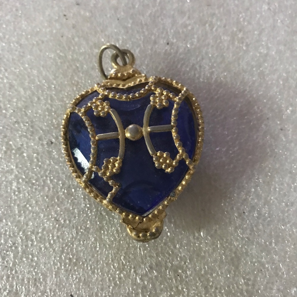 Heart-Shaped Blue Glass Pendant with Gold Filigree